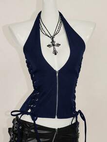 SHEIN ICON Summer Y2K Navy Blue V Neck Going Out Night Out Concert Women's Black Goth Sexy Grommet Solid Color Fashion Side Cross Strap Halter Tank Top - Navy Blue - View 8