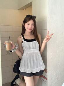DAZY 女士格子撞色夏季蕾丝边吊带背心 - 白色 - 查看 1