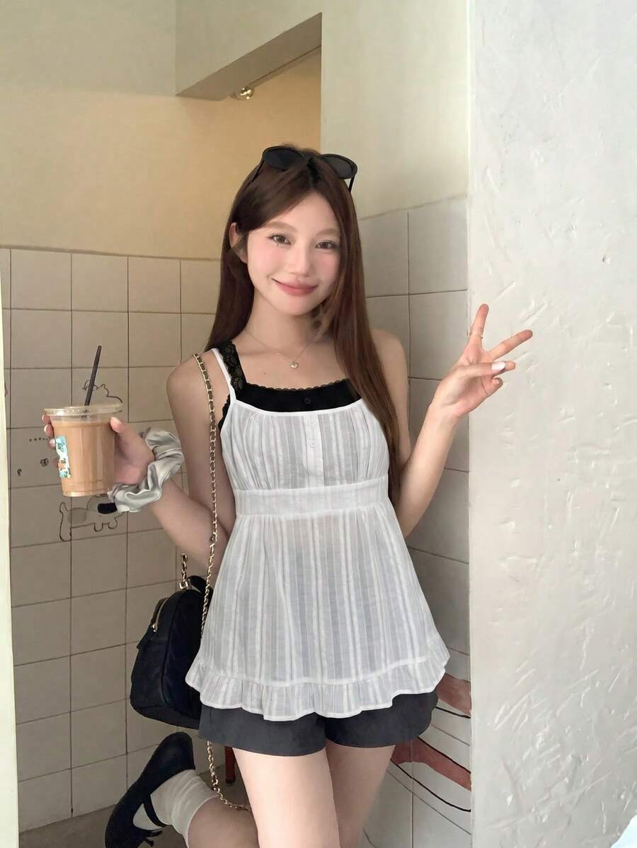 DAZY 女士格子撞色夏季蕾丝边吊带背心 - 白色 - 查看 1