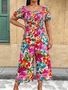Ceyna Plus Size Floral Print Jumpsuit, Casual Holiday Style - Hot Pink - View 5