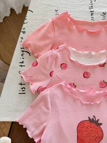 SHEIN LMoss Kids Piyama Rajut Lembut Lengan Pendek Leher Bulat Motif Kartun Lucu untuk Bayi Perempuan, 6 Potong, Musim Panas - Berwarna merah muda - View 4