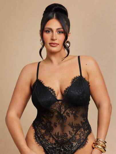 SHEIN BAE Body de encaje negro sexy para mujer de talla grande