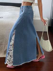 DAZY Chân váy chữ A phối ren tương phản phong cách cao bồi miền Tây, chân váy denim mùa hè thoải mái cho nữ. - Màu xanh lam - Xem 5