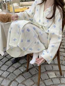 女士 INS 蓝色蝴蝶结印花和服浴袍休闲宽松舒适浴袍睡衣家居服 - 彩色 - 查看 7