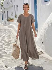 Faunlyn Women's Casual Solid Color Dress Holiday Vacation Shades Of Brown Summer - Brown - View 6