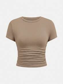 SHEIN Girlism Tween Girl Casual Fitted Light Blue Ruched Crew Neck Top And Ruched Waist Flare Pants Set - Khaki - View 5