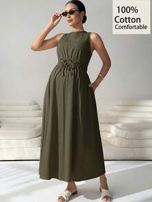 MaterniWear Maternity Solid Color Round Neck Pleated Casual Vacation Dress - Army Green - View 2