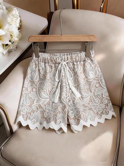 Pariaura Quần short nữ dáng rộng thoải mái, chất liệu giả ren, cạp chun co giãn, viền tua rua, thích hợp cho kỳ nghỉ hè.