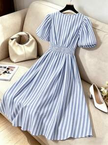 SHEIN LUNE Women's Elegant Summer Cotton Puff Sleeve Striped Round Neck Lace Patchwork Hollow Out Casual Dress - Blue and White - View 2