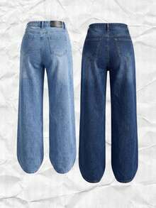 Set 2 Jeans Mom High Rise Pants Light Dark Dark Torn Ankle Closure - Denim Clásico Intenso y Azul Retro Fade - View 2