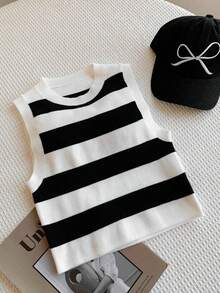 Top tejido crop con patrón de rayas para uso casual  para mujeres - Blanco y Negro - Ver 6