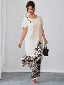 SHEIN Clasi 大码纯色衬衫和印花长裤两件套 - 彩色 - 查看 1