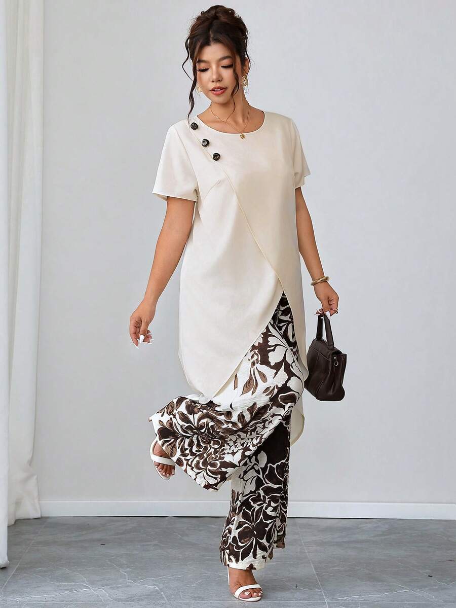 SHEIN Clasi Plus Size Solid Color Shirt & Floral Print Pants 2 Pieces Set - Multicolor - View 1