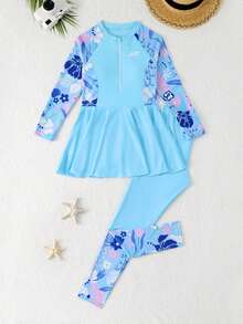 SHEIN Bộ đồ bơi Tankini cho bé gái tuổi teen, vải dệt kim màu tím, áo tay dài và quần dài, váy có khóa kéo, kiểu dáng kín đáo, thời trang thanh lịch, phù hợp cho bơi lội, kỳ nghỉ hè, bãi biển, hồ bơi, tiệc tùng. - Màu xanh nhạt - Xem 1
