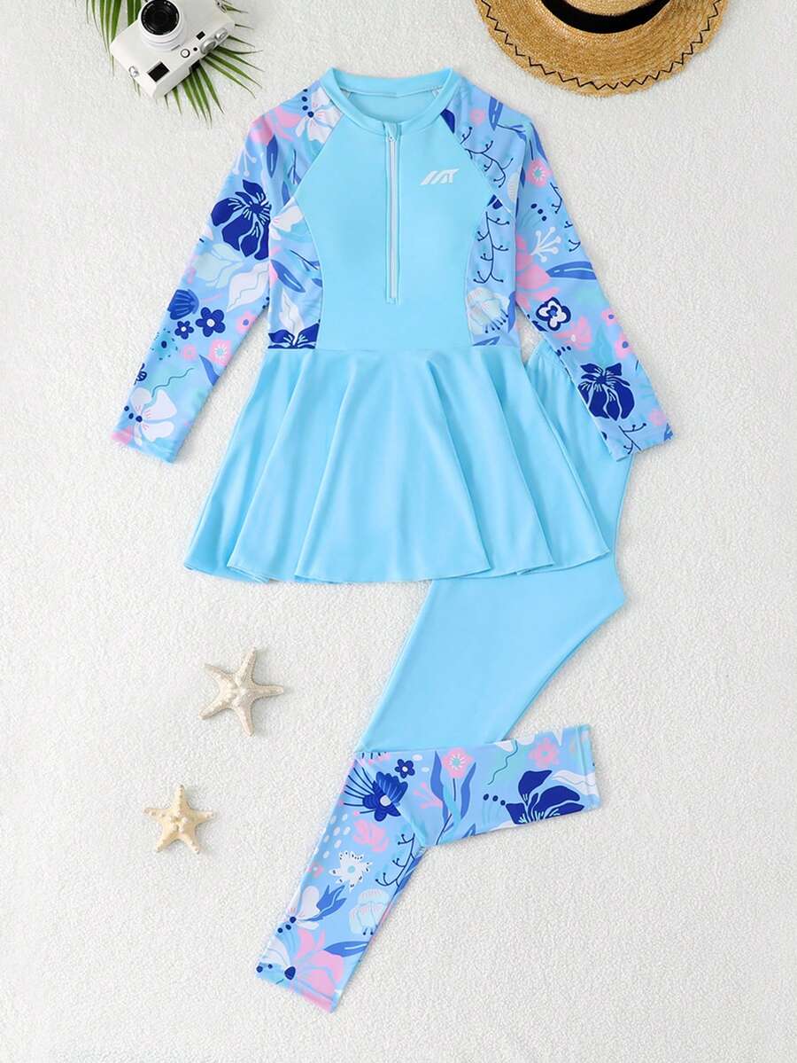 SHEIN Bộ đồ bơi Tankini cho bé gái tuổi teen, vải dệt kim màu tím, áo tay dài và quần dài, váy có khóa kéo, kiểu dáng kín đáo, thời trang thanh lịch, phù hợp cho bơi lội, kỳ nghỉ hè, bãi biển, hồ bơi, tiệc tùng. - Màu xanh nhạt - Xem 1