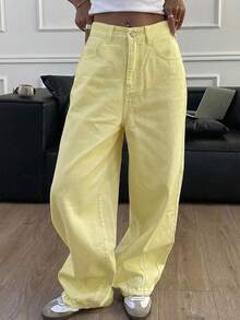 DAZY Pantalones vaqueros holgados de unicolor y estilo harem para mujer - Amarillo claro - Ver 3