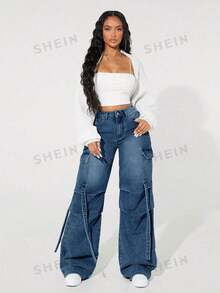 SHEIN SXY 女士休闲时尚街头风日常通勤翻盖口袋阔腿牛仔裤 - 藍色 - 查看 6