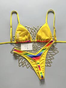 Bộ bikini 2 mảnh Swim MOD, áo bikini tam giác cổ yếm họa tiết sọc cầu vồng & hoa vàng, quần thong cắt cao, đồ bơi gợi cảm cho nữ, xuân/hè - Nhiều màu - Xem 2