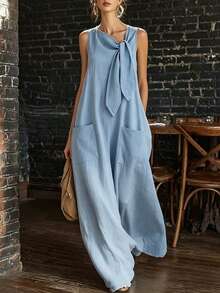 SHEIN Holidaya Robe décontractée à la mode Top de gamme à taille haute sans manches pour femmes, robe de printemps/été pour femmes, vacances, sortie, Y2K, printemps, été, rentrée scolaire, décontracté, plage, affaires, polyvalente, robe longue gris-bleu décontractée pour femmes, robe de couleur unie pour femmes - Bleu gris - Voir 4
