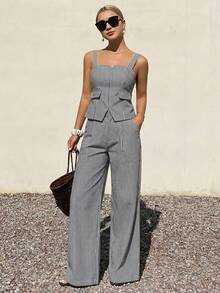 DAZY Women's Denim Bib Top And Loose Wide-Leg Pants Casual Denim Suit - Blue and White - View 4