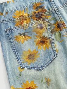 ROMWE MEN Street Life Quần short denim nam dáng suông, rộng rãi, đa năng, họa tiết hoa hướng dương, đã qua xử lý giặt. - Màu xanh lam - Xem 5