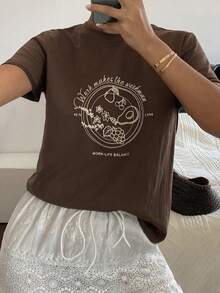DAZY Camiseta de manga corta con gráfico de eslogan de verano - Marrón - Ver 7
