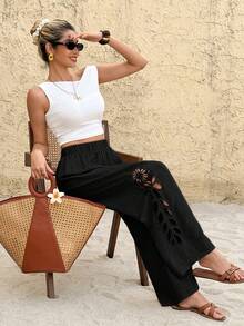 SHEIN Frenchy Quần nữ thời trang đa năng thêu họa tiết khoét lỗ, thích hợp cho kỳ nghỉ. - màu đen - Xem 4