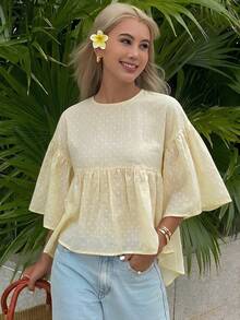 Livesso Blusa holgada de unicolor con mangas acampanadas, top de verano para mujeres - Amarillo claro - Ver 4
