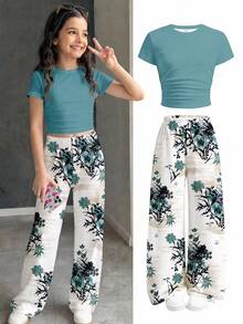 2pcs Tween Girls' Ruched Fitted Short Sleeve T-Shirt & Floral Print Casual Pants Set, Daily Fashion Retro Colorblock Y2K Style - White - View 3