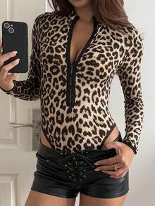 Livesso Leopard Print Long Sleeve Zipper Bodysuit For Women Night Out Club Beige Autumn Sexy - Black - View 1