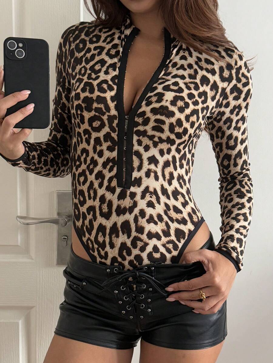 Livesso Leopard Print Long Sleeve Zipper Bodysuit For Women Night Out Club Beige Autumn Sexy - Black - View 1