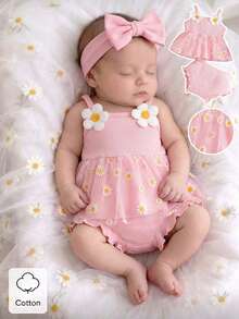 SHEIN 2pcs/Set Baby Girls' Casual Vintage Elegant Cute Daisy Embroidery Ribbon & Mesh Outfit, Suitable For Spring/Summer Outings - Pink - View 4