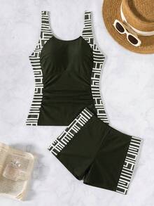 Swim Lushoire Bộ 2 món đồ bơi tankini mùa hè mới, màu kaki, họa tiết hình học ngẫu nhiên, không tay, ôm dáng, xếp ly, kín đáo, quần bơi ngắn, áo bơi thể thao nữ, dây mảnh. - Màu xanh lá cây đậm - Xem 5