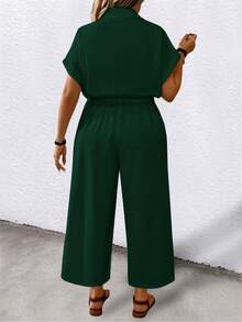 EMERY ROSE Women's Plus Size Solid Color Short Sleeve Lapel Belted Pockets Casual Jumpsuit Vacation Dark Green Summer - Green - View 2