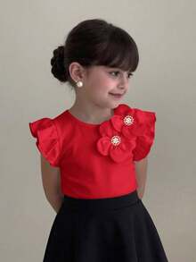 SHEIN Young Girl Floral 3D Decor Round Neck Elegant Ruffle Trim T-Shirt - Red - View 2