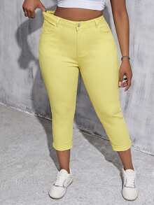 SHEIN Tall CURVE Plus Size Women White Denim Elastic Skinny Capri Pants - Yellow - View 2