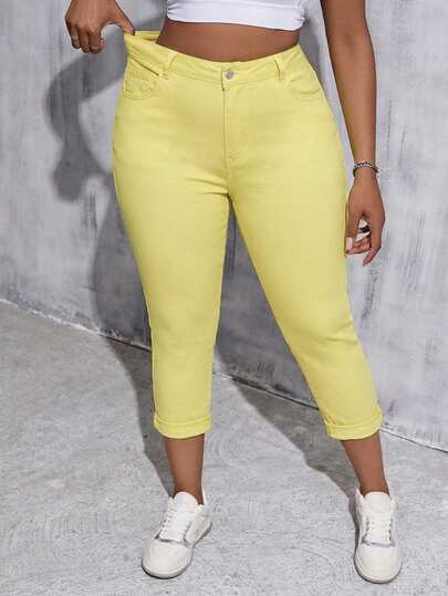 SHEIN Tall CURVE Pantalones capri elásticos de talla grande para mujer de denim blanco