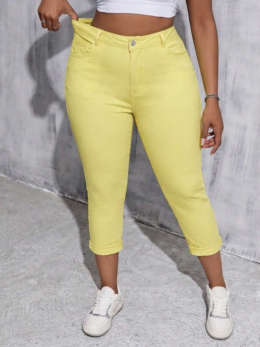SHEIN Tall CURVE Plus Size Women White Denim Elastic Skinny Capri Pants