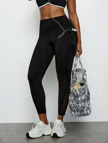 Levarali Plus Size Women's Mesh Side Phone Pocket Sports Leggings, Yoga Pants For Fitness, Running, Gym, Pilates, Outdoor Casual Wear, Spring/Summer, Summer Outfits For Women,Women's Gym Clothes,Gym,Women's Sweatpants,Sweatpants,Black Pants - Black - View 8