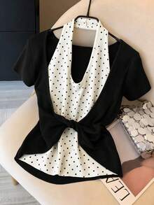 GlowEve Classic Black & White Contrast French Vacation Chic White Polka Dot Twist Front Short Sleeve Knit Top, Elegant Versatile Casual Blouse For Women - Black and White - View 1