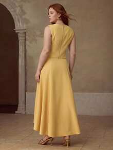 MOTF PREMIUM PLUS SIZE WOMEN'S SUMMER SEQUINS BEADED EMBROIDERED SLEEVELESS TOP AND SKIRT 2 PIECES SET - Yellow - View 4