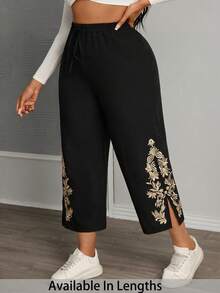 SHEIN PETITE CURVE Quần nữ cỡ lớn thêu họa tiết, cạp cao kiểu túi giấy, phong cách mùa xuân, cạp cao thanh lịch, quần đen thường ngày, dáng rộng. - màu đen - Xem 1