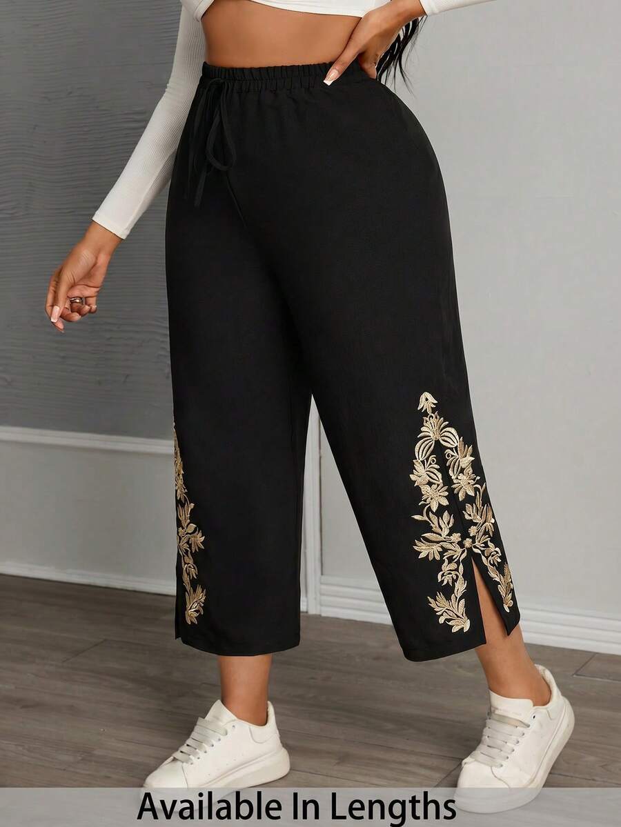 SHEIN PETITE CURVE Quần nữ cỡ lớn thêu họa tiết, cạp cao kiểu túi giấy, phong cách mùa xuân, cạp cao thanh lịch, quần đen thường ngày, dáng rộng. - màu đen - Xem 1