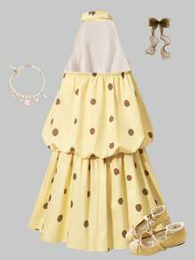 SHEIN 1 buah Gaun Anak Perempuan Model Halter yang Dapat Disesuaikan, Motif Polkadot Cokelat dan Kuning, Desain Bagian Belakang Berongga yang Lucu, Cocok untuk Perjalanan Musim Panas, Pantai, dan Liburan. - Kuning - View 7