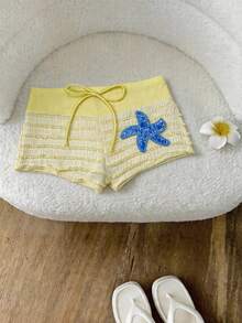 Elavelle Quần bơi nữ cạp cao bằng vải jacquard với nơ và họa tiết sao biển, thích hợp cho mùa xuân/hè. - Màu vàng - Xem 2