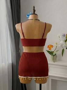 Swim Vcay Falda de tela con textura especial, unicolor, con cordón, fruncida, con borlas, conchas y estrellas de mar, para mujer de talla grande, para vacaciones de verano en la playa - Burdeos - Ver 6