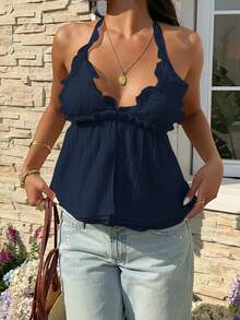Serisse Women's Textured Sexy Ruffle Halter Neck Camisole Beach Vacation Navy Blue Summer - Navy Blue - View 4