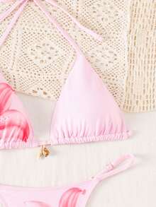Swim SXY 3件套印花露背吊带抽绳打结贝壳装饰网纱露背连衣裙性感比基尼套装 - 彩色 - 查看 3