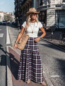 SHEIN LilyWest Chân váy nữ kiểu phương Tây, họa tiết kẻ caro, viền bèo nhún, cạp cao, chất liệu cotton, phong cách boho, dáng maxi. - Nhiều màu - Xem 4