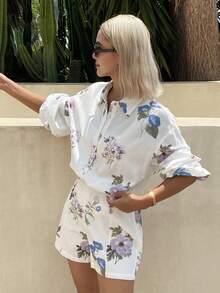 Livesso Conjunto de 2 piezas de top sin mangas con cuello blanco de algodón y estampado, y shorts casuales, adecuado para fiestas, playa, vacaciones, atuendos de verano para mujeres - Blanco - Ver 5